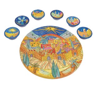 SEDER PLATE/6 BOWLS ORIENTAL JERUSALEM HAND PAINTED 33 CM.