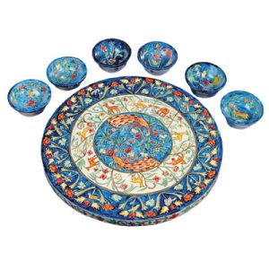 SEDER PLATE/6 BOWLS PEACOCKS HAND PAINTED 33 CM.