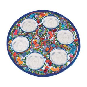 ALUMINIUM SEDER TRAY SET HAND PAINTED BIRDS/6 BOWLS 39 CM.