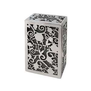 GREY/POMEGRANATES METAL CUTOUT TZEDAKAH BOX