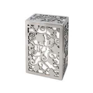 WHITE/POMEGRANATES METAL CUTOUT TZEDAKAH BOX