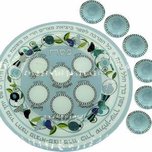 GLASS BLUE TONES DECORETED SEDER TRAY SET 36 CM.