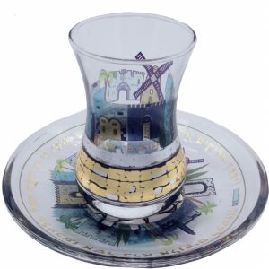 SILVER/BL. TONES ETCHING JERUSALEM KIDDUSH CUP/SAUCER