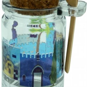GLASS BLUE JERUSALEM HONEY DISH W/SPOON
