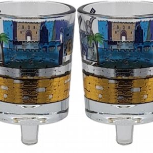 BLUE ETCHING JERUSALEM PAIR OIL NERONIM CUPS
