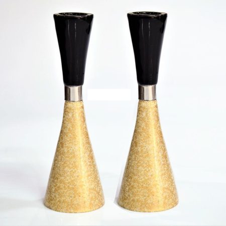 ALUMINIUM GOLD/BLACK PAIR CANDLESTICKS 17 CM
