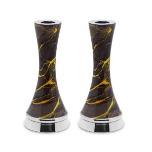 ALUM.FAUX MARBLE BLACK/GOLD PAIR CANDLESTICKS 17 CM