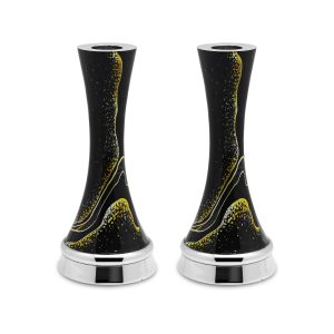ALUM.FAUX MARBLE BLACK/YELLOW PAIR CANDLESTICKS 17 CM
