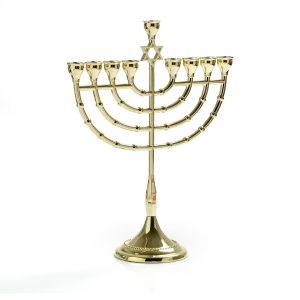 GOLDEN COLOR METAL STAR OF DAVID LARGE MENORA 29.5 CM.