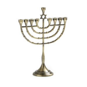 BRASS COLOR METAL STAR OF DAVID LARGE MENORA 29.5 CM.