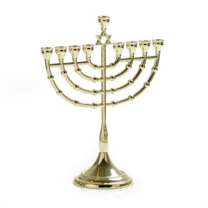 GOLDEN COLOR METAL STAR OF DAVID SMALL MENORA 23.5 CM.