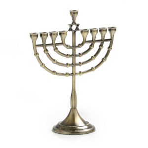 BRASS COLOR METAL STAR OF DAVID SMALL MENORA 23.5 CM.