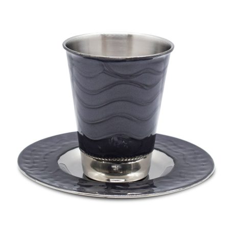 STAINLESS STEEL/DARK GREY ENAMEL KIDDUSH CUP/AUCER