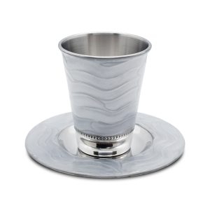 STAINLESS STEEL/GREY ENAMEL KIDDUSH CUP/SAUCER