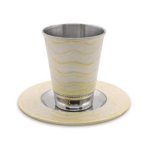 STAINLESS STEEL/CREAM ENAMEL KIDDUSH CUP/SAUCER