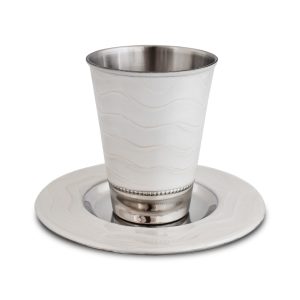 STAINLESS STEEL/WHITE ENAMEL KIDDUSH CUP/SAUCER