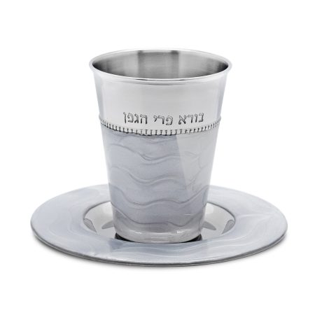 STAINLESS STEEL/GREY ENAMEL "BORE" KIDDUSH CUP/SAUCER