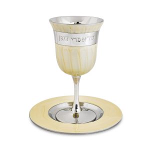 CREAM ENAMEL KIDDUSH CUP/STEM/SAUCER