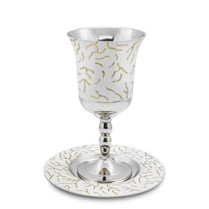 WHITE ENAMEL/GOLDEN TWIGS  KIDDUSH CUP/STEM/SAUCER