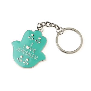 I LOVE JERUSALEM TEAL TF HAMSA KEY CHAIN