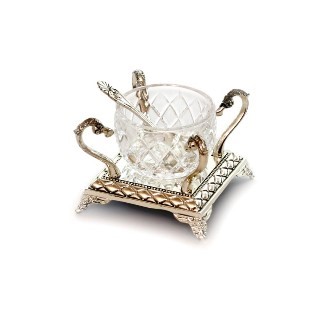 GLASS ON SILVER PLATED STAND OPEN SALT DISH