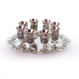 SILVER PLATED JERUSALEM LIQUAR SET WITH 6 SMALL CUPS & TRAY
