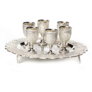 SILVER PLATED LACE LIQUAR SET WITH 6 SMALL CUPS & TRAY