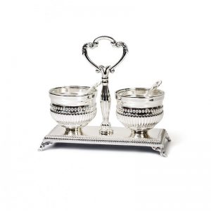 SILVER PLATED STRIPES DOUBLE OPEN SALT DISH & SPOON