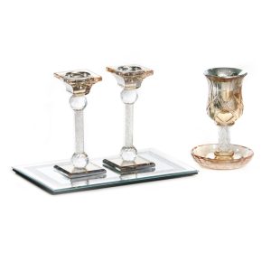 GOLDEN CRYSTAL BRIDE SET - KIDDUSH CUP/CANDLESTICKS/TRAY