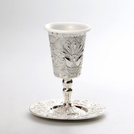 SILVER PLATED/PLASTIC FILIFREE KIDUSH CUP W/STEM AND SAUCER