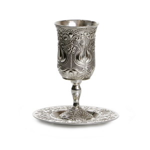 SILVER PLATED POMEGRANATE KIDUSH CUP WITH STEM AND SAUCER