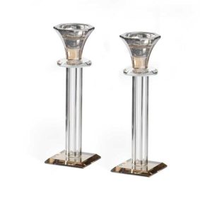 CRYSTAL AMBER/SILVER PR. CANDLESTICKS 19.5 CM.
