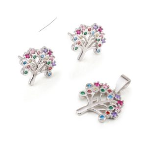 S ZIRCON STONES PENDANT/EARRINGS TREE OF LIFE SET