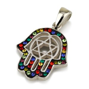 S CRYSTAL STONES HAMSA+STAR OF DAVID PENDANT