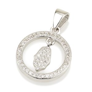 S ZIRCON STONES WHITE HAMSA IN A CIRCLE PEDANT